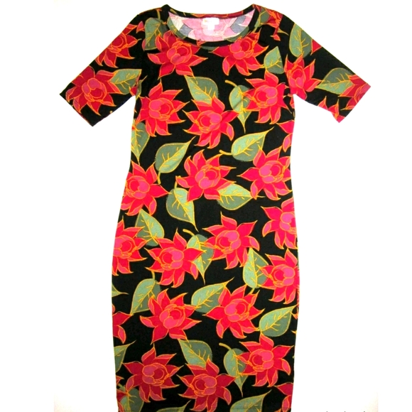 LULAROE NEW Julia DRESS Womens S SMALL Bold Floral Red Black Fitted Stretch - Picture 1 of 3